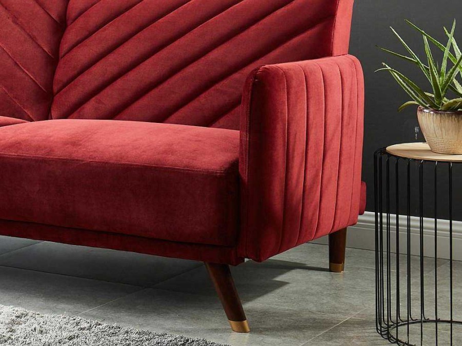 Sofa Cama Clic-Clac E Dobravel | Vente-unique Sofa Cama De 3 Lugares Convertivel Em Cama Em Veludo Vermelho - Joris