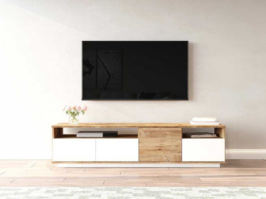 Movel De Tv | Vente-unique Movel De Tv 4 Portas E 2 Prateleiras Natural Claro E Branco - Cedona