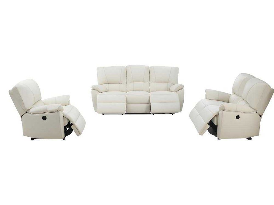 Conjunto Sofa E Poltrona | Vente-unique Sofa De 3+2+1 Lugares Relax Eletrico Em Pele Marfim - Marcis