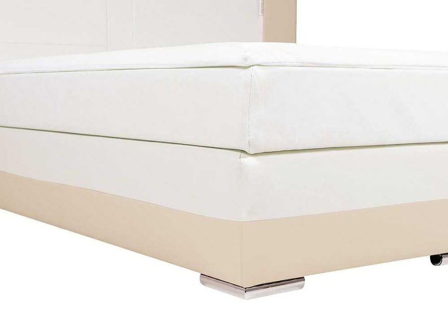 Cama Boxspring, Cama Continental | Ysmée Conjunto Boxspring Completo Cabeceira Com Leds + Sommiers + Colchao + Sobrecolchao Asti De Ysmee - 180 X 200 Cm - Pele Sintetica - Creme E Branco