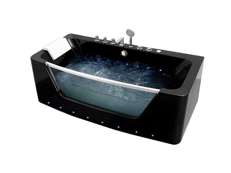 Promocoes Casa De Banho & Bem-Estar | Shower & Design Banheira De Hidromassagem De Vidro Com Leds Dyona - 1 Pessoa - 260L - 170X85X58 Cm - Preto