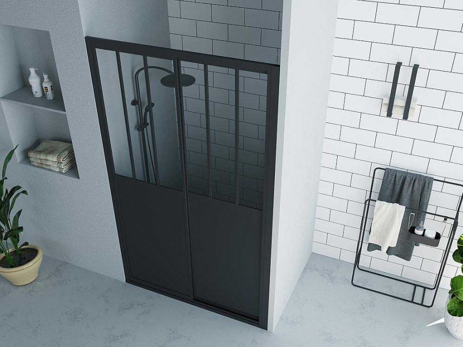 Painel De Duche | Shower & Design Porta De Duche De Correr Preto Mate Estilo Atelier 120 X 195 Cm - Urbanik