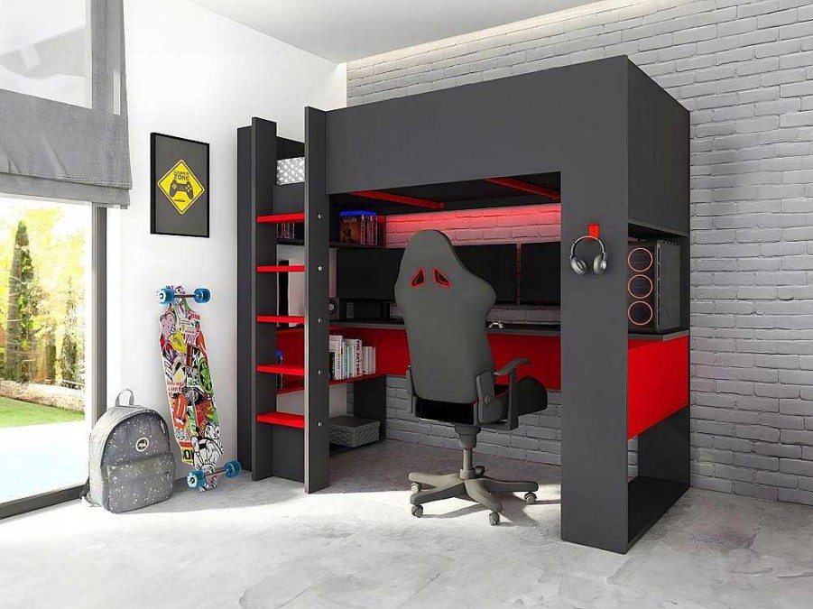 Cama De Crianca | Vente-unique Cama Alta Gamer Com Secretaria E Espacos De Arrumacao Integrados De 90 X 200 Cm Com Leds Cor Antracite E Vermelho - Noah