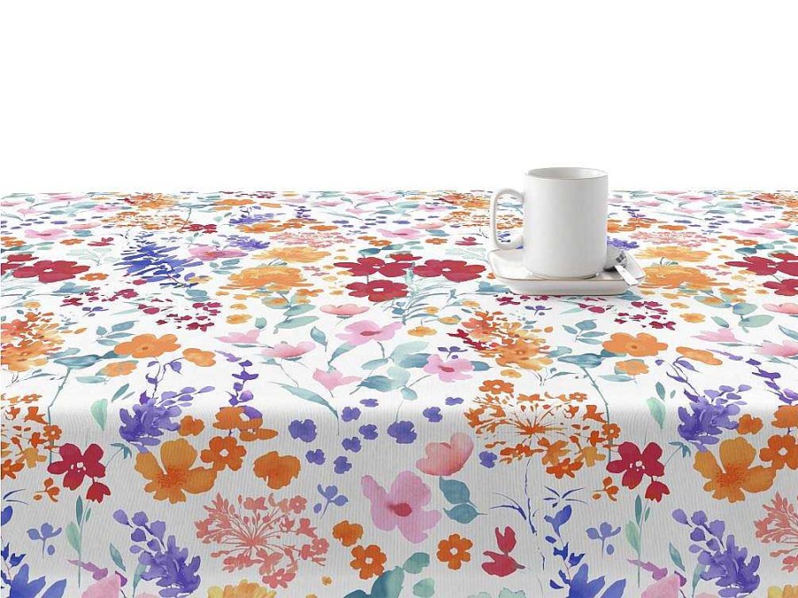 Texteis De Mesa | Purline Nappe Anti-Taches 100% Coton 1 Piece Blanc A Fleurs Vives 140X140