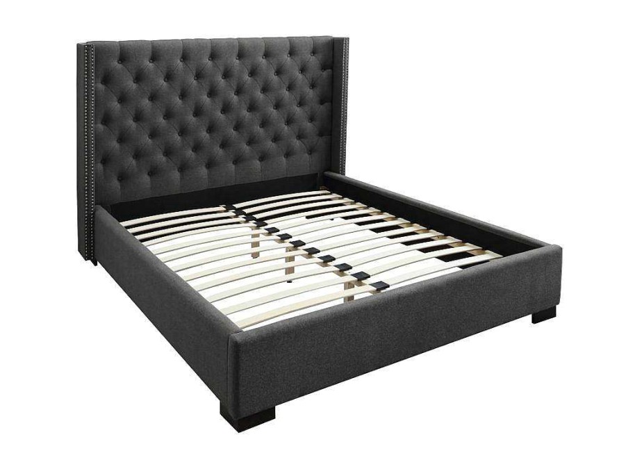 Cama De Adulto | Vente-unique Cama Massimo Cabeceira De Cama Acolchoada - 180X200Cm - Tecido Cinza