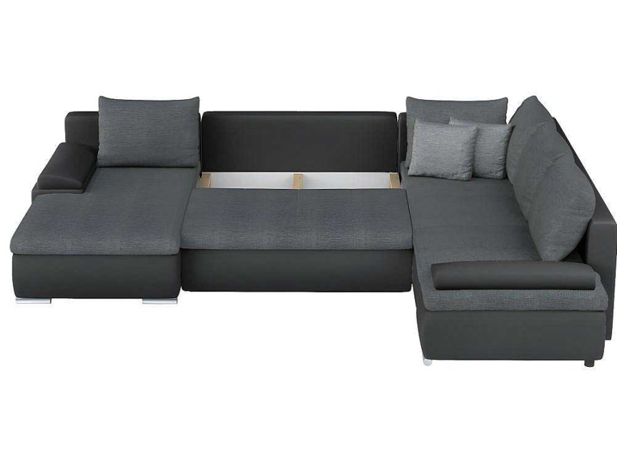 Sofa | Vente-unique Sofa De Canto Panoramico Convertivel Em Cama E Reversivel Em Pele Sintetica E Tecido Bicolor Preto E Cinzento - Dakota