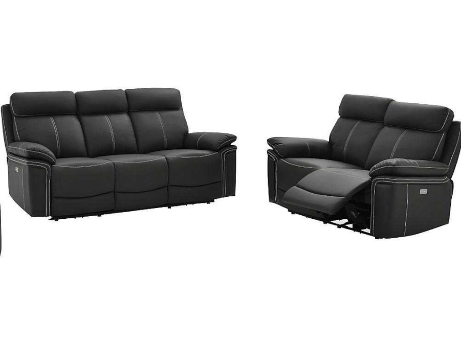 Conjunto De Sofa | Vente-unique Sofa De 3+2 Lugares Relax Eletrico Em Pele Preto - Isiris