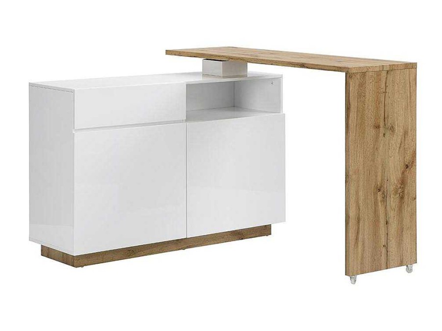 Movel De Bar | Vente-unique Movel De Bar Giratorio Com 2 Portas, 1 Gaveta E 1 Nicho Em Mdf Lacado A Branco E Carvalho - Eldir