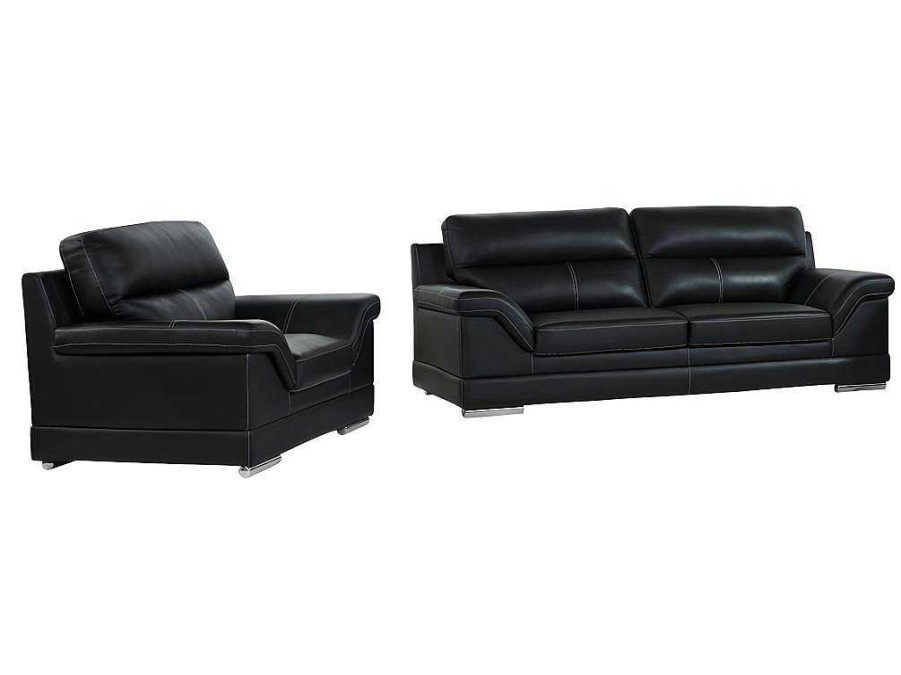 Conjunto Sofa E Poltrona | Vente-unique Sofa De 3+1 Lugares Em Pele De Bufalo Preto - Monika