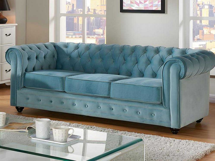 Conjunto Sofa E Poltrona | Vente-unique Sofa De 3 Lugares E Cadeirao Chesterfield - Veludo Azul Pastel