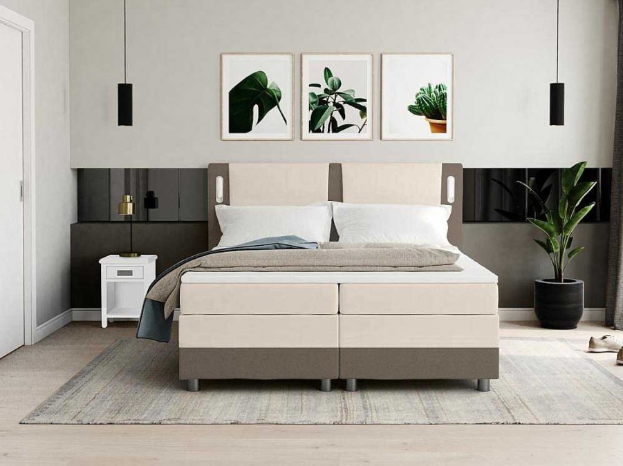 Cama Boxspring, Cama Continental | Ysmée Conjunto Boxspring Completo Cabeceira De Cama Com Leds + Sommiers + Colchao + Sobrecolchao Rimini Da Ysmee De 160 X 200 Cm Em Tecido E Pele Sintetica Cor Bege E Cor Creme