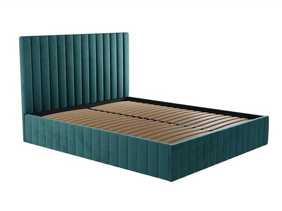 Cama Em Veludo | PASCAL MORABITO Cama Com Espaco De Arrumacao Com Cabeceira De Cama E Costuras Verticais 180 X 200 Cm Veludo Azul-Esverdeado - Larali