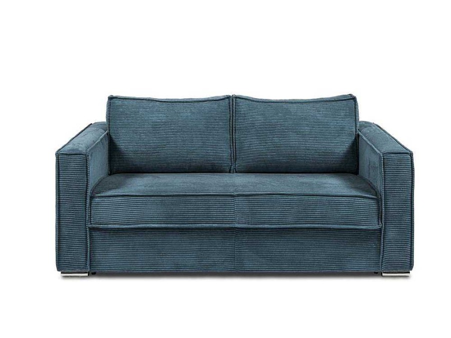 Sofa Cama De Abertura Rapida | Vente-unique Sofa De 3 Lugares Convertivel De Abertura Rapida Em Veludo Canelado Cor Azul - Loreto