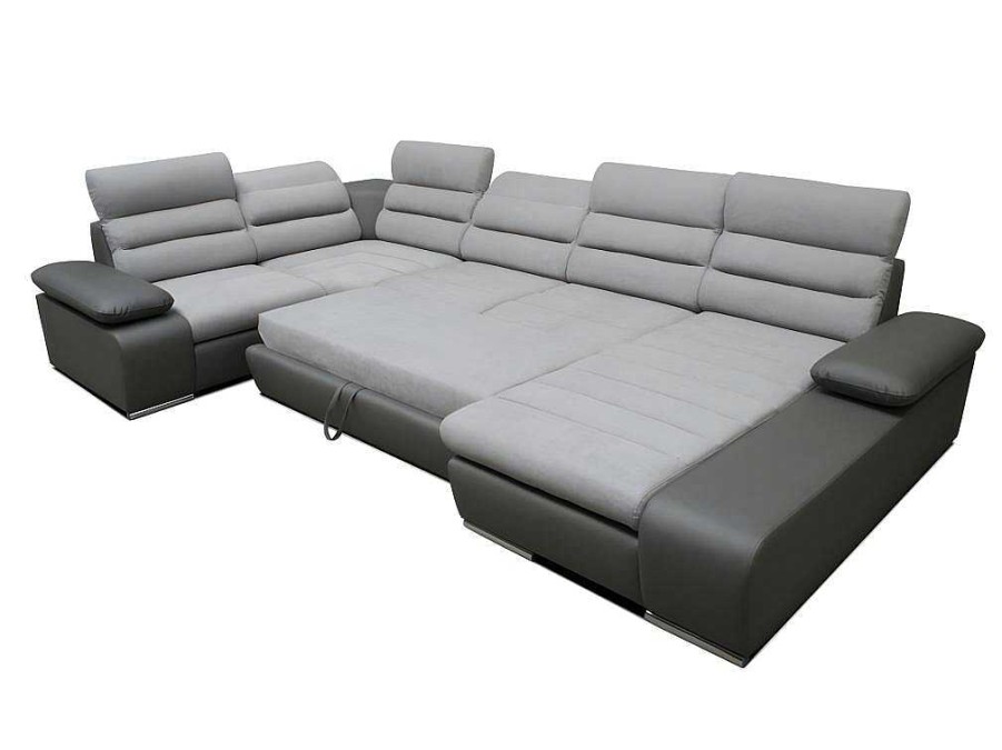 Sofa Panoramico | Vente-unique Sofa De Canto Panoramico Modular Em Tecido E Pele Sintetica Bicolor Cinzento Claro E Cinzento Escuro - Canto Direito - Boileau