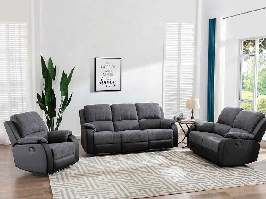 Sofa De Relaxamento Manual | Vente-unique Sofa De 3 Lugares Articulado Em Microfibra E Pele Sintetica Cinzento E Preto - Brody