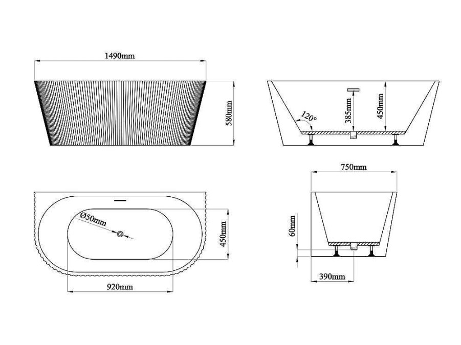 Promocoes Casa De Banho & Bem-Estar | Shower & Design Banheira Semiclassica Estriada Em Acrilico Branco Brilhante 149 X 75 X 58 Cm - Zelina