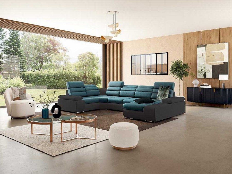 Sofa Panoramico | Vente-unique Sofa De Canto Panoramico Modular Em Tecido E Pele Sintetica Bicolor Turquesa E Cinzento Escuro - Canto Direito - Boileau