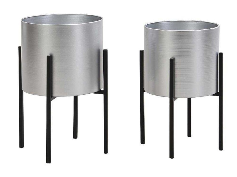 Objeto De Decoracao Interior | OZAIA Conjunto De 2 Vasos Decorativos Com Pe Em Metal D25Xa39 Cm E D23Xa35,5 Cm Prateado E Preto - Edmee