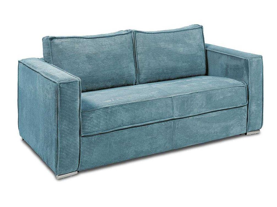 Sofa | Vente-unique Sofa De 3 Lugares Convertivel Abertura Rapida Veludo Canelado Azul-Turquesa, Cama De Ripas Largas 140 Cm E Colchao 18 Cm - Loreto