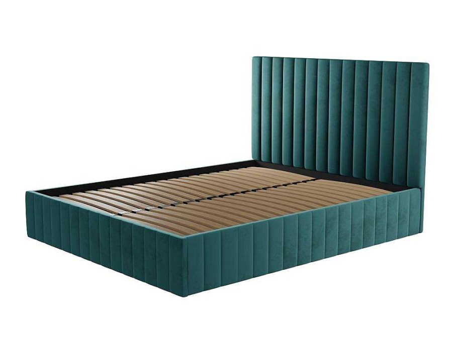 Cama Em Veludo | Vente-unique Cama Com Espaco De Arrumacao 160 X 200 Cm Com Cabeceira De Cama Costuras Verticais Veludo Azul-Esverdeado + Colchao - Larali