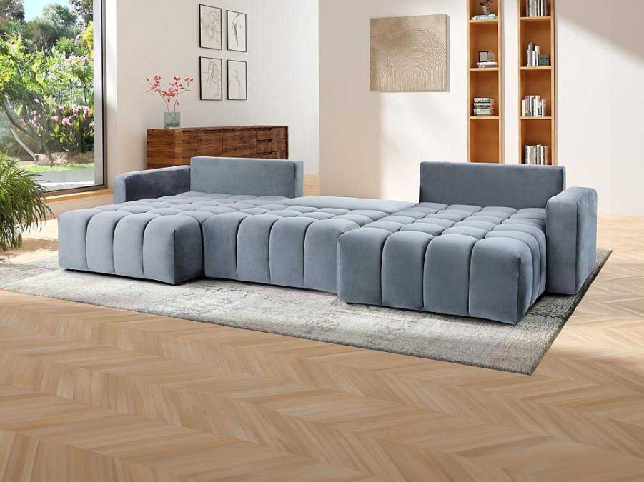 Sofa Panoramico | Vente-unique Sofa De Canto Direito Panoramico Convertivel Veludo Cinza - Esilia Ii