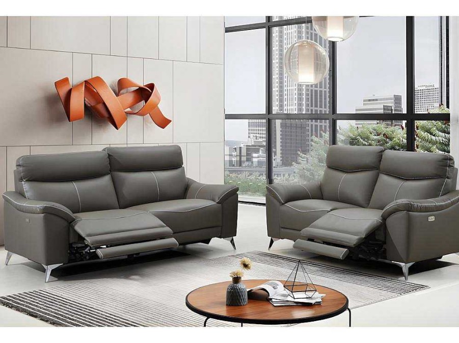 Conjunto De Sofa | Vente-unique Sofa De 3+2 Lugares Relax Eletrico Em Pele Taupe - Metronomya