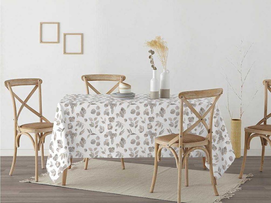 Texteis De Mesa | Purline Nappe Anti-Taches 100% Coton 1 Piece Blanc A Feuilles Grises 250X140