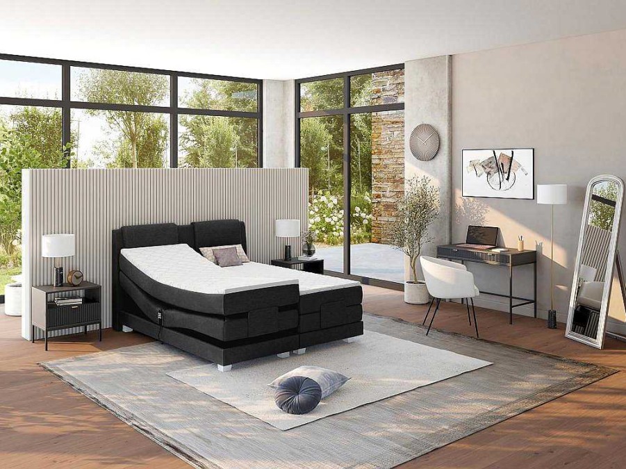 Cama Articulada | Palacio Conjunto Boxspring Cabeceira De Cama + Sommier De Relaxamento Eletrico + Colchao + Sobrecolchao Castel Da Palacio - 2X80X200 Cm - Tecido Antracite