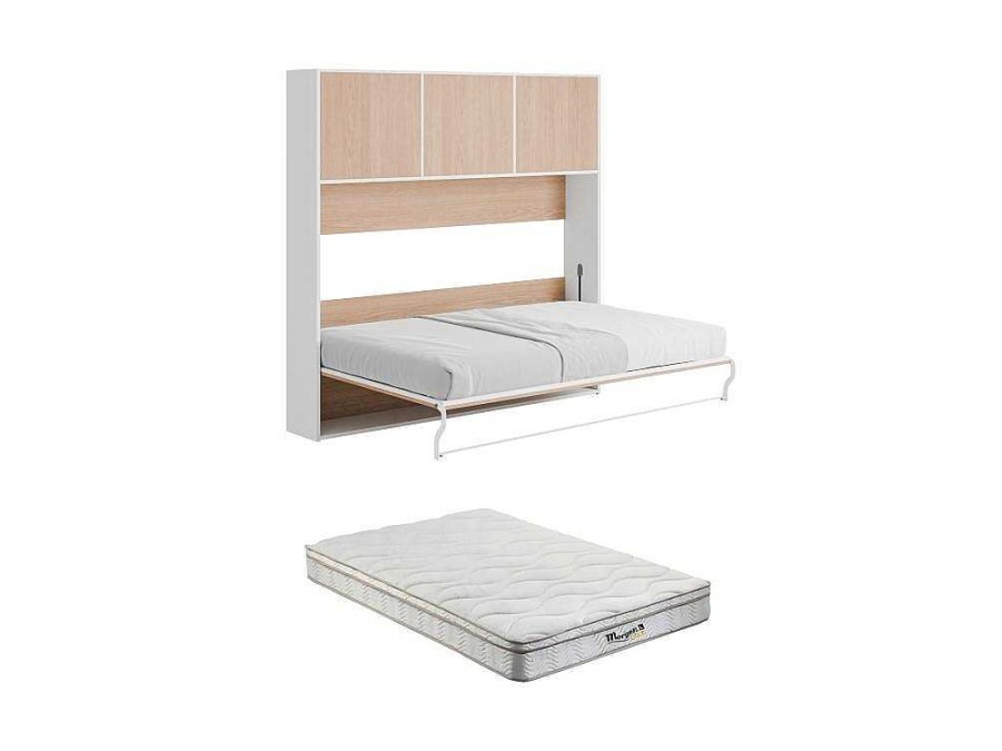 Cama Rebativel | Vente-unique Cama Rebativel 140 X 200 Cm Abertura Horizontal Manual, Com Arrumacao, Cor Natural E Branco + Colchao - Elianor Ii