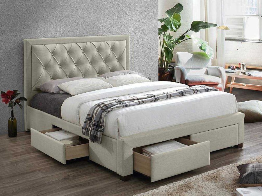 Cama Em Veludo | Vente-unique Cama Com Gavetas - Veludo Champanhe - 160X200 Cm- Leopold