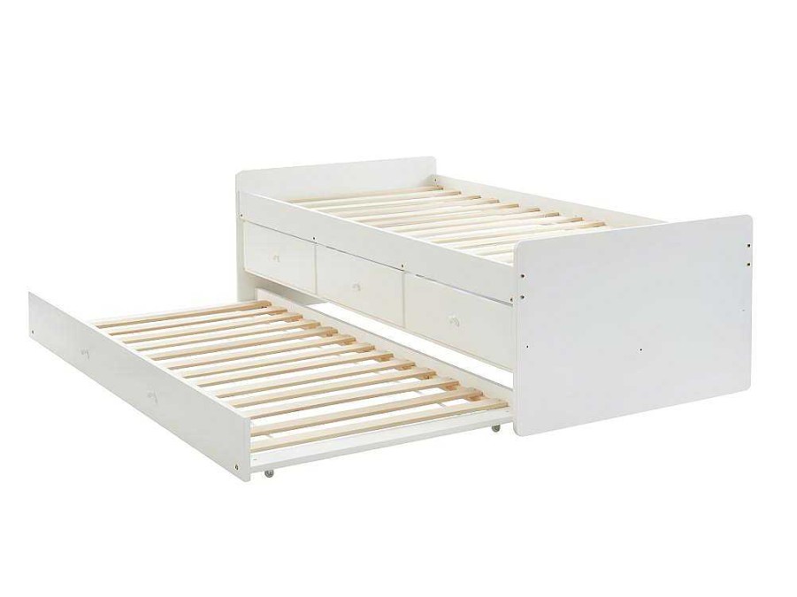 Cama Dupla | Vente-unique Cama Dupla Com 3 Gavetas De 90 X 190 Cm Em Mdf E Pinho Cor Branco - Titouan