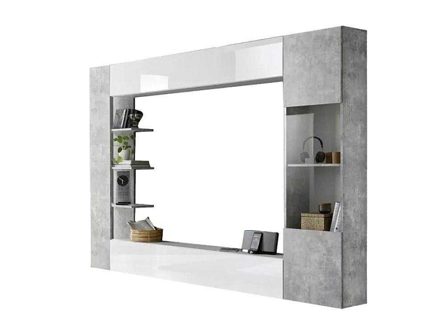 Movel De Tv | Vente-unique Movel De Tv Lacado A Branco E Cinza Cimento Com Espacos De Arrumacao - Sirius