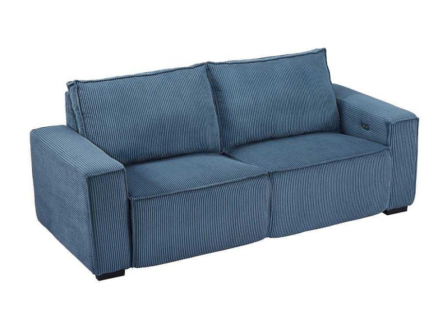 Sofa De Relaxamento Eletrico | Vente-unique Sofa De 3 Lugares Articulado Eletrico Em Tecido Canelado Azul - Amelio