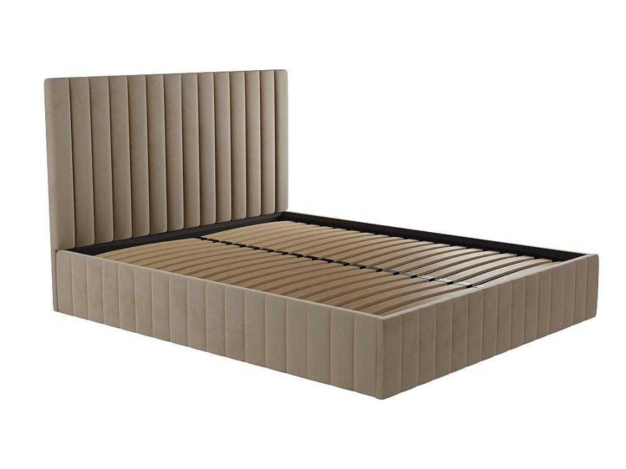 Cama Em Veludo | Vente-unique Cama Com Espaco De Arrumacao 140 X 190 Cm Com Cabeceira De Cama Costuras Verticais Veludo Taupe + Colchao - Larali