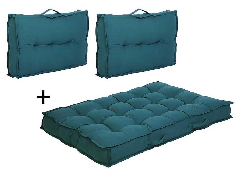 Decoracao De Jardim | OZAIA Conjunto 1 Colchao + 2 Encostos Sofa De Paletes Em Algodao Azul - Baila