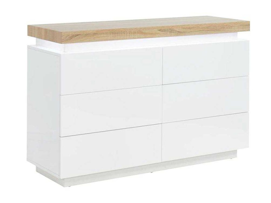 Comoda | Vente-unique Comoda 6 Gavetas - Mdf Lacado - Com Leds - Cor: Branco E Carvalho - Halo Ii -