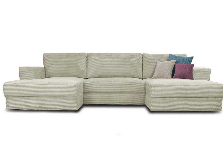 Sofa Panoramico | Vente-unique Sofa De Canto Panoramico Convertivel Em Veludo Canelado Cinzento Claro - Curipina