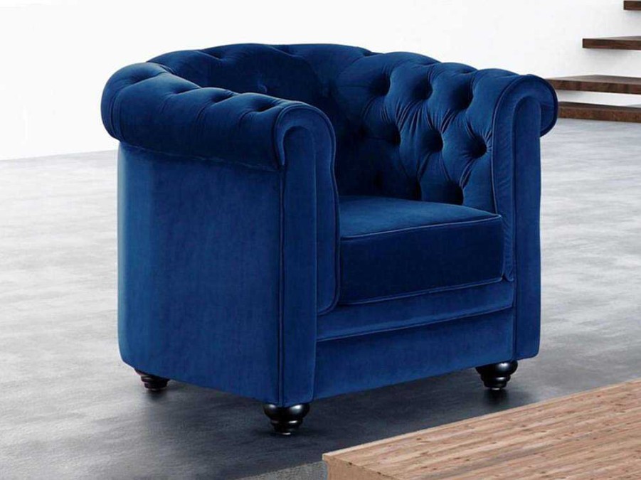 Poltrona Em Tecido | Vente-unique Cadeirao Chesterfield - Veludo Azul Real