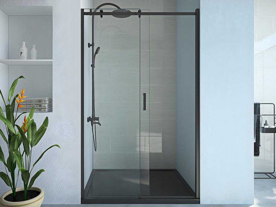 Painel De Duche | Shower & Design Porta De Duche De Correr Com Rodas Preto Mate Estilo Industrial 120 X 195 Cm - Anakao