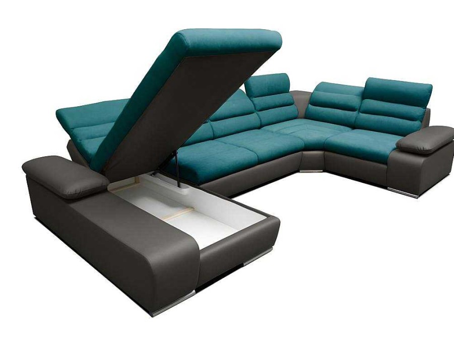 Sofa Panoramico | Vente-unique Sofa De Canto Panoramico Modular Em Tecido E Pele Sintetica Bicolor Turquesa E Cinzento Escuro - Canto Esquerdo - Boileau