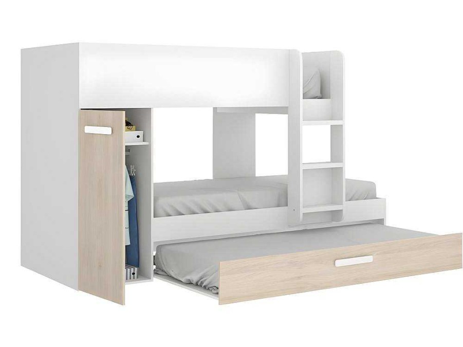 Cama De Crianca | Vente-unique Beliche Com Gaveta Cama Dupla E Com Espacos De Arrumacao 3X90X190 Cm Cor Branco E Natural - Anthony