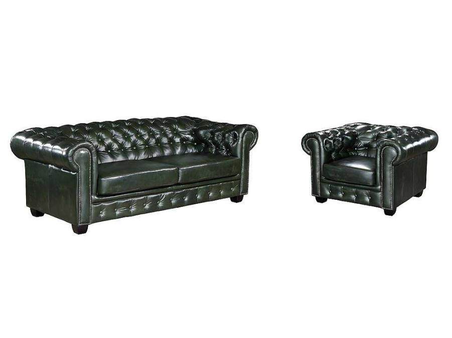 Conjunto Sofa E Poltrona | Vente-unique Sofa 3+1 Lugares 100% Pele De Bufalo Verde Imperial Estilo Chesterfield - Brenton