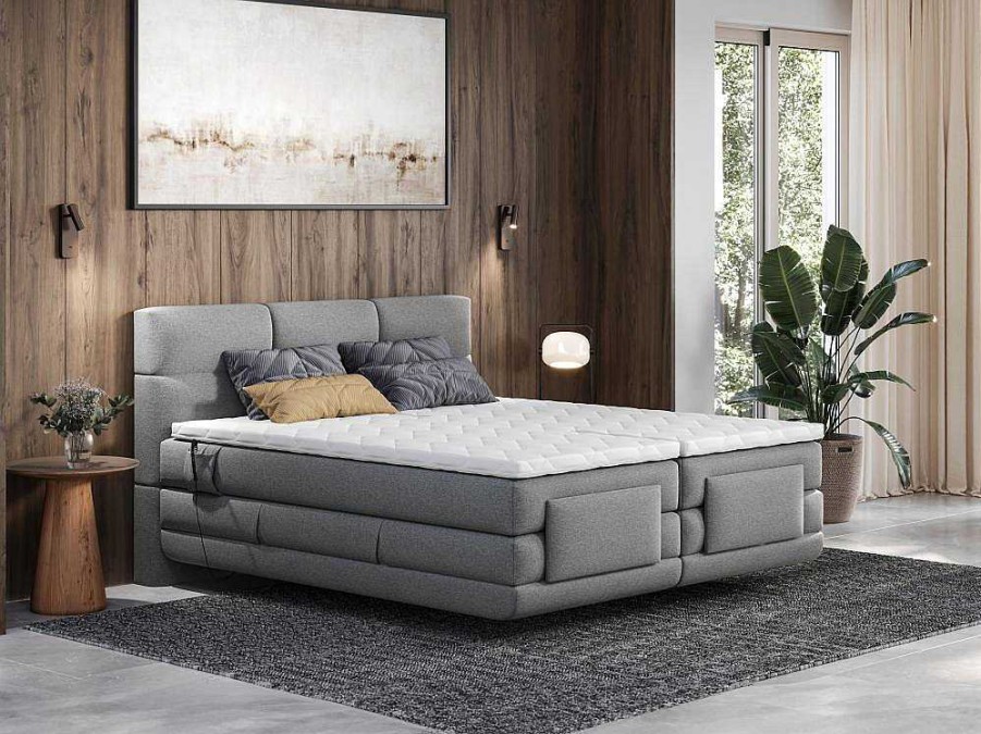 Cama De Adulto | Palacio Conjunto Boxspring Cabeceira De Cama Acolchoada, Sommier Articulado Eletrico + Colchao + Sobrecolchao 2 X 80 X 200 Cm Cinzento-Claro - Lodi Da Palacio