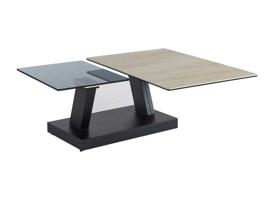 Mesa De Centro | Maison Céphy Mesa De Centro Com Tampos Giratorios Ceramica, Vidro Temperado Fumado E Metal, Preto E Natural - Oyrus De Maison Cephy