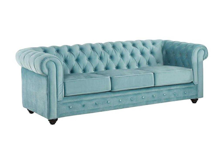 Sofa De 2 Ou 3 Lugares | Vente-unique Sofa De 3 Lugares Chesterfield - Veludo Azul Pastel