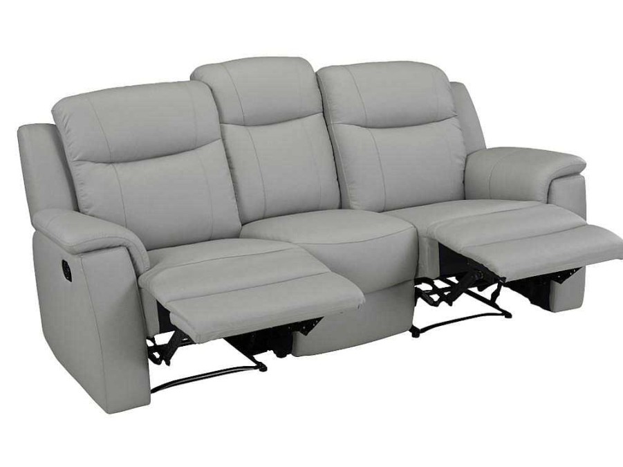 Sofa De Relaxamento Manual | Vente-unique Sofa De 3 Lugares Relax Em Pele Cinza Claro - Evasion