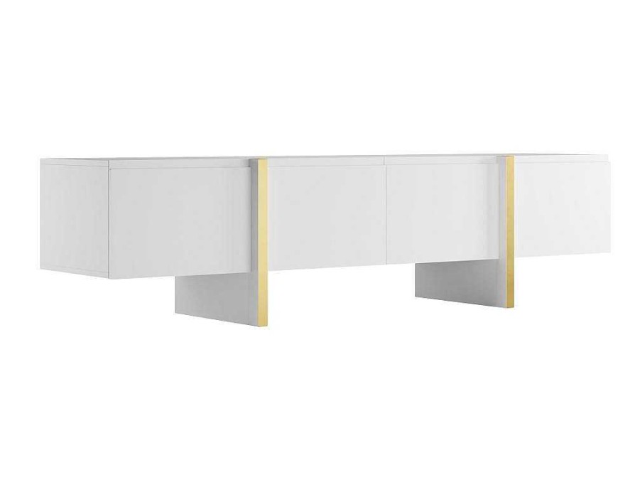 Movel De Tv | Vente-unique Movel De Tv Com 4 Portas Em Mdf Branco E Dourado - Luvonia