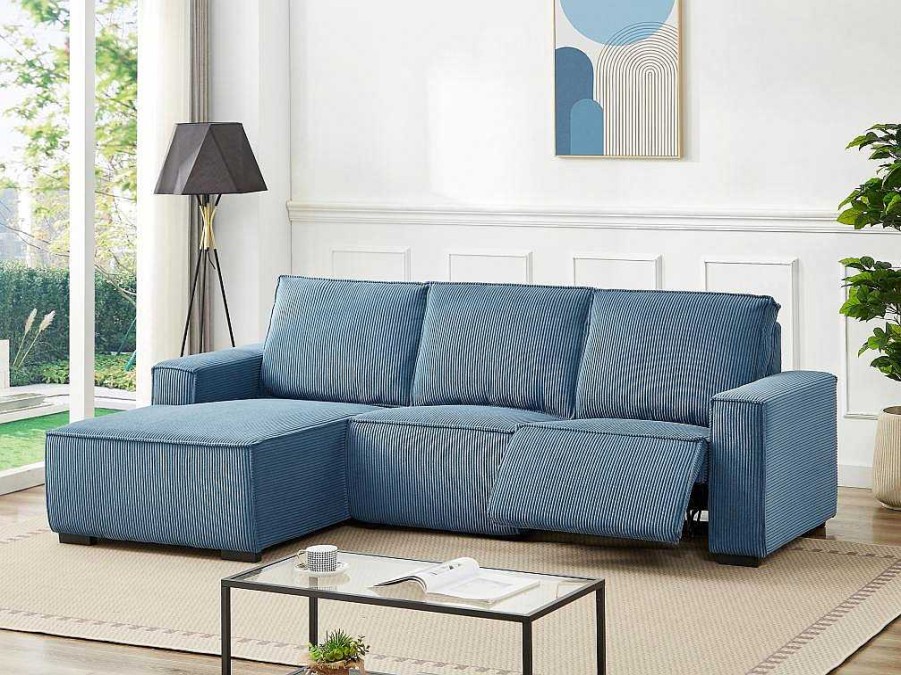 Sofa De Relaxamento Eletrico | Vente-unique Sofa De Canto Esquerdo Articulado Eletrico Em Tecido Canelado Azul - Amelio