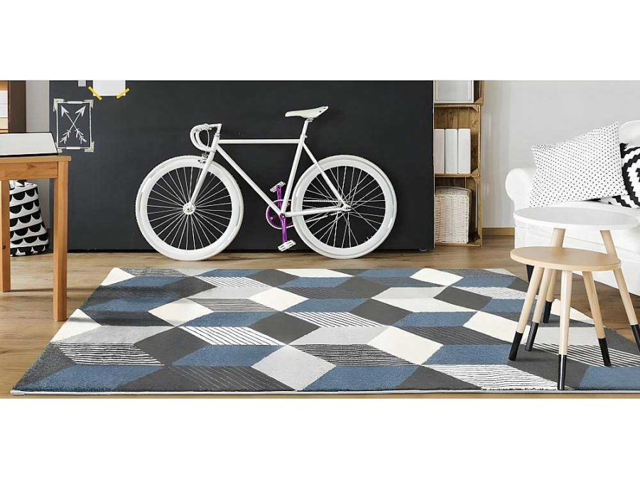 Tapete Escandinavo | OZAIA Tapete Geometrico 160 X 230 Cm Em Polipropileno Cinza, Branco E Azul - Carrio