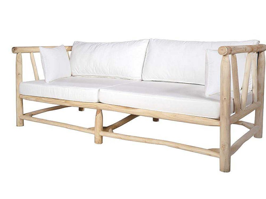 Conjunto Relax De Jardim | MYLIA Sofa De Jardim Em Teca Com Almofadoes Cor Natural Claro E Branco - Tulum